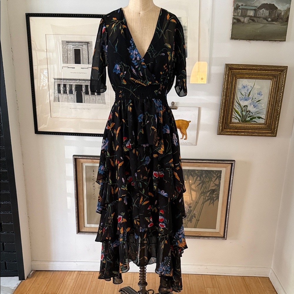 Maje Black Floral Ruffle Dress